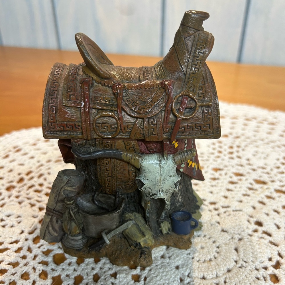 Western Saddle trinket box Figurine with Skull Accent
